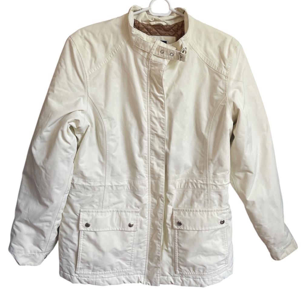 Lands End Winter White Cream Winter Jacket Quilted Lining Moto Collar